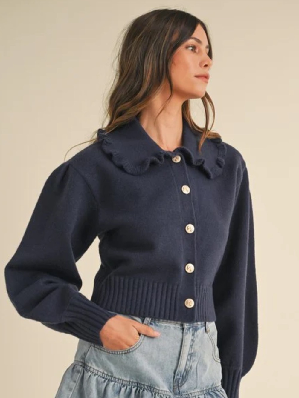 MABLE Navy Ruffle Collar Bow Button Cardigan Sweater